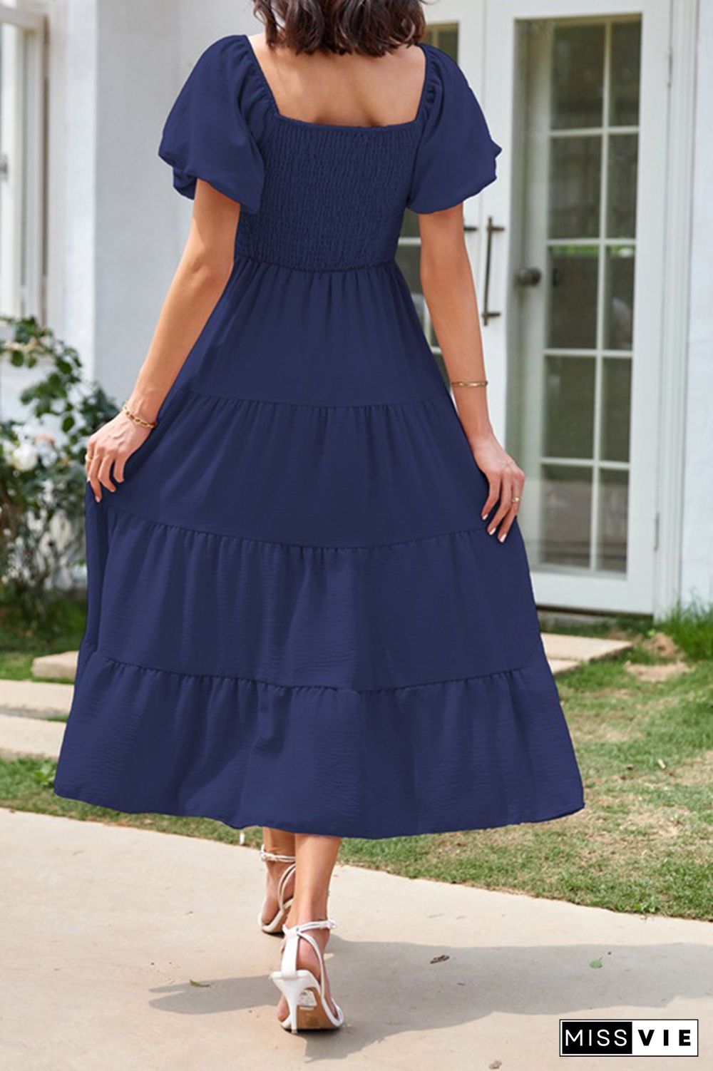 Square Neck Puff Sleeves Tiered Long Dress