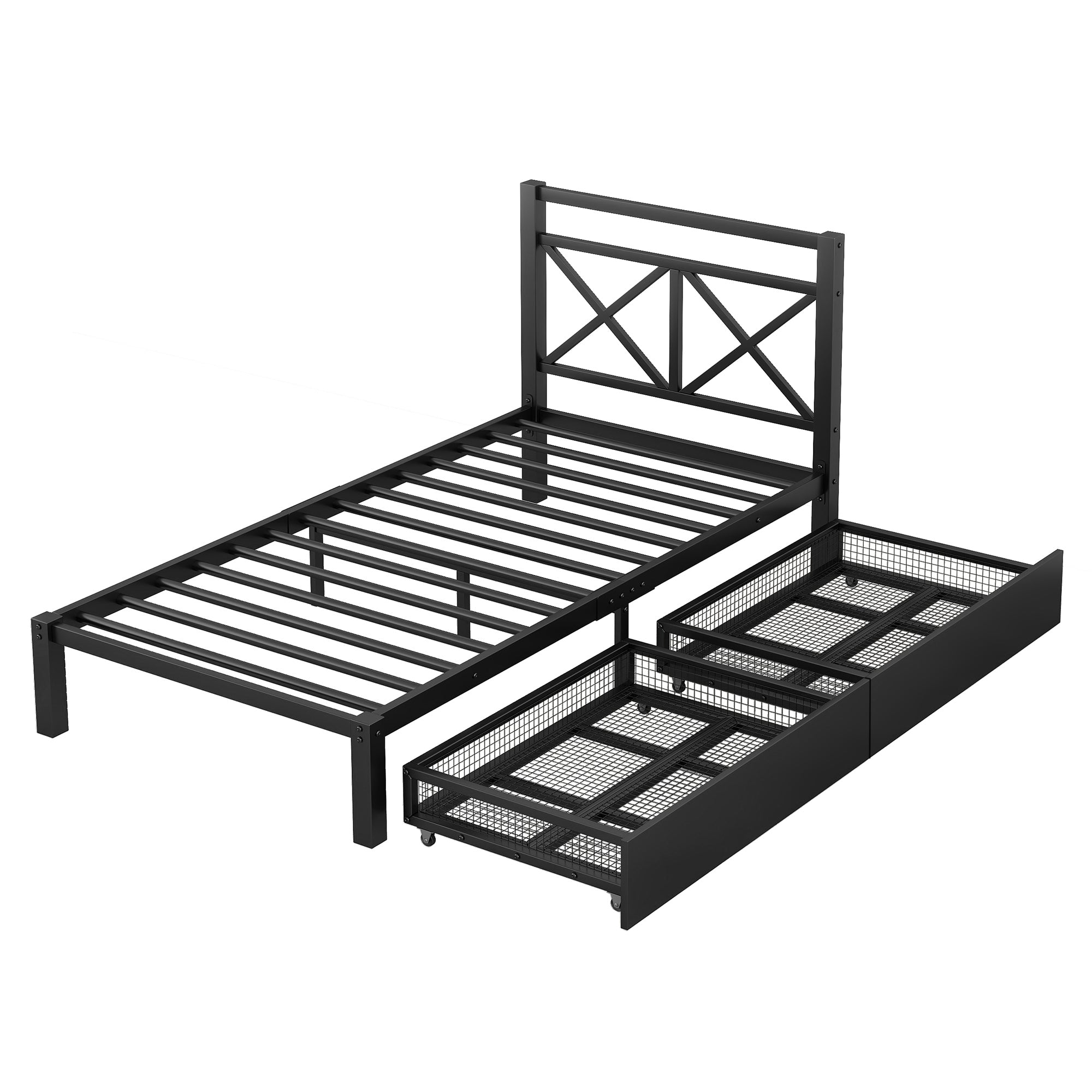 Metal Twin Size Platform Bed with Two Drawers for Kids Room, Black