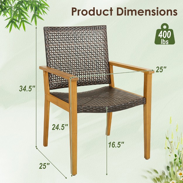 Tangkula Outdoor Rattan Chair Set Of 4 Patio Pe Wicker Dining Chairs W Sturdy Acacia Wood Frame