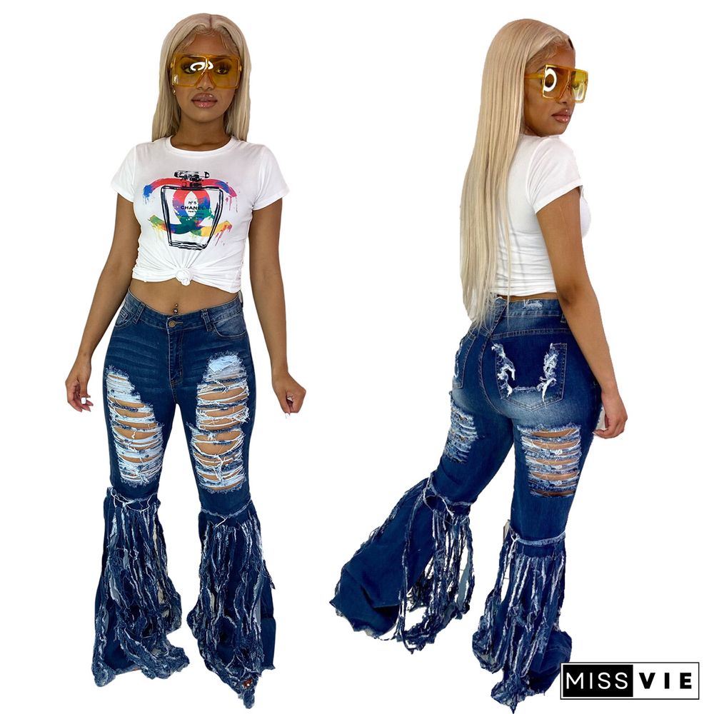 Fringed Hand-worn Flared Middle Waist Denim Pants