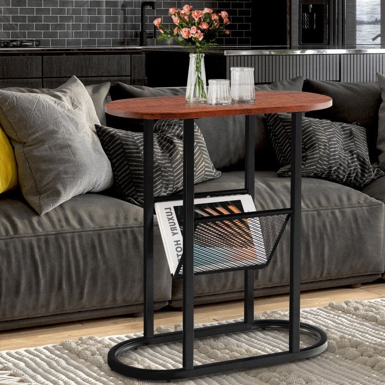 2-tier Industrial Oval Side Table with Mesh Shelf