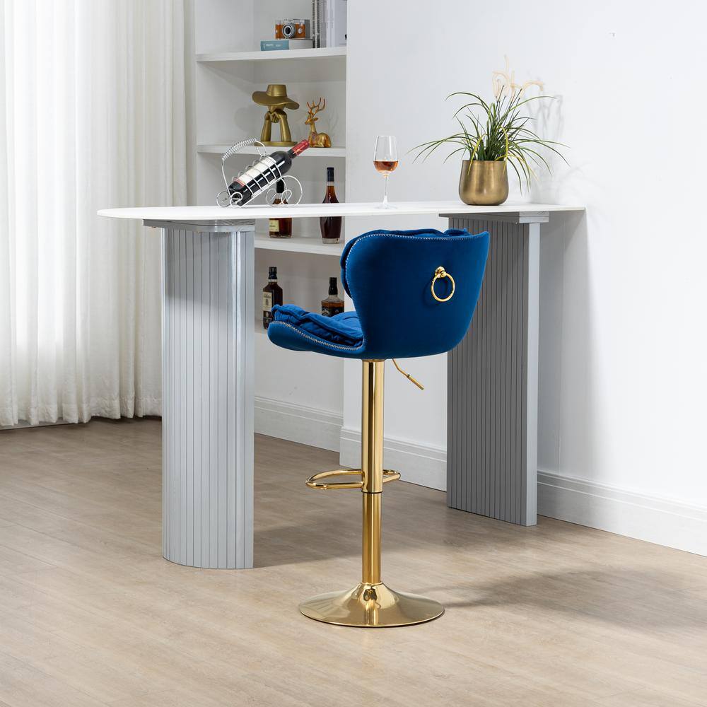 HOMEFUN 44 in. Navy Blue Velvet Swivel Low Back Matal Frame Adjustable Cushioned Counter Height Bar Stool (Set of 2) HFHDSN-883NY-2