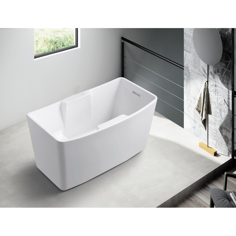 Aqua Eden 51 Inch Acrylic Rectangular Freestanding Tub with Drain and Integrated Seat in Glossy White