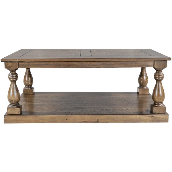 Rustic Solid Pine Wood Floor Shelf Coffee Table with Storage