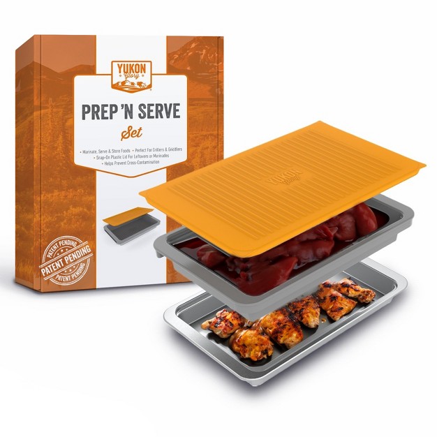 Yukon Glory Grill Prep Trays Include A Plastic Marinade Container For Marinating Meat amp A Stainless Steel Serving Platter