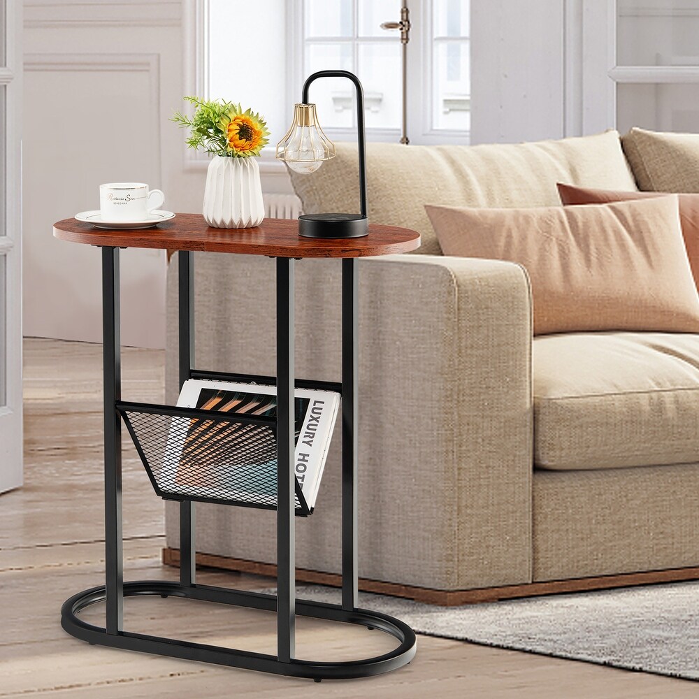 Oval Narrow Side Table Small End Table Bedside Table w Magazine Rack