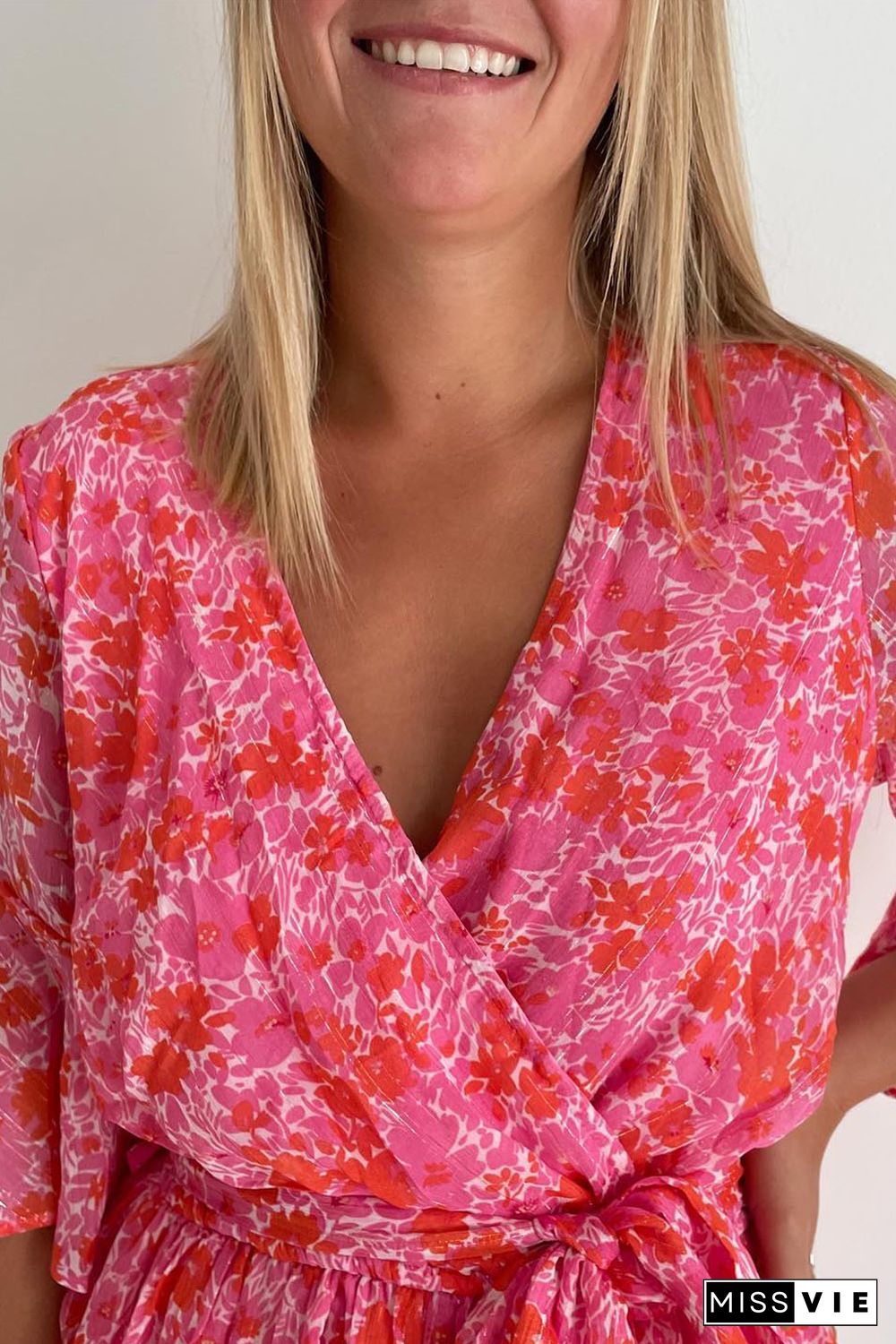 Pink V Neck Ruffled Sleeve Floral Romper