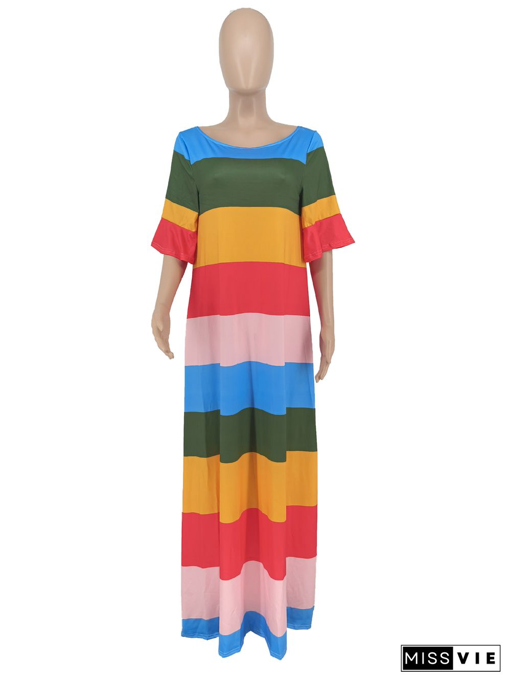 Rainbow Stripe Short Sleeve Loose Maxi Dress