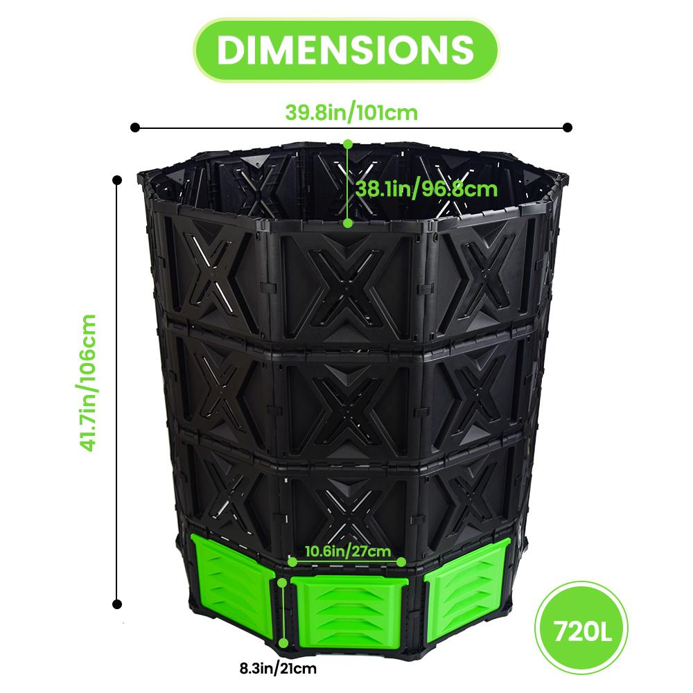 XXL Large Compost Bin Outdoor- 190G/143G-Easy Assembly-No Screws-BPA Free-Sturdy& Durable-Green Door