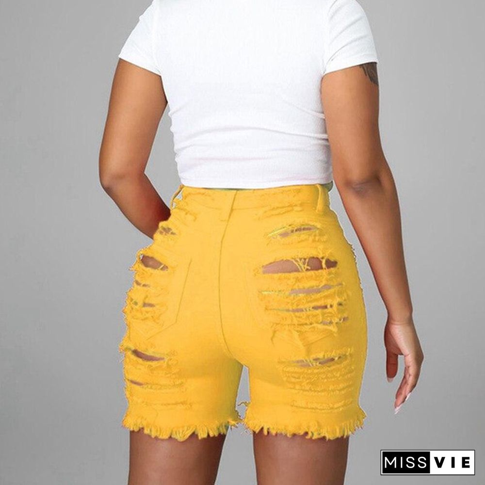 Summmer New Women Denim Shorts Solid Hollow Out Elastic Jeans Shorts High Waist Casual Streetwear