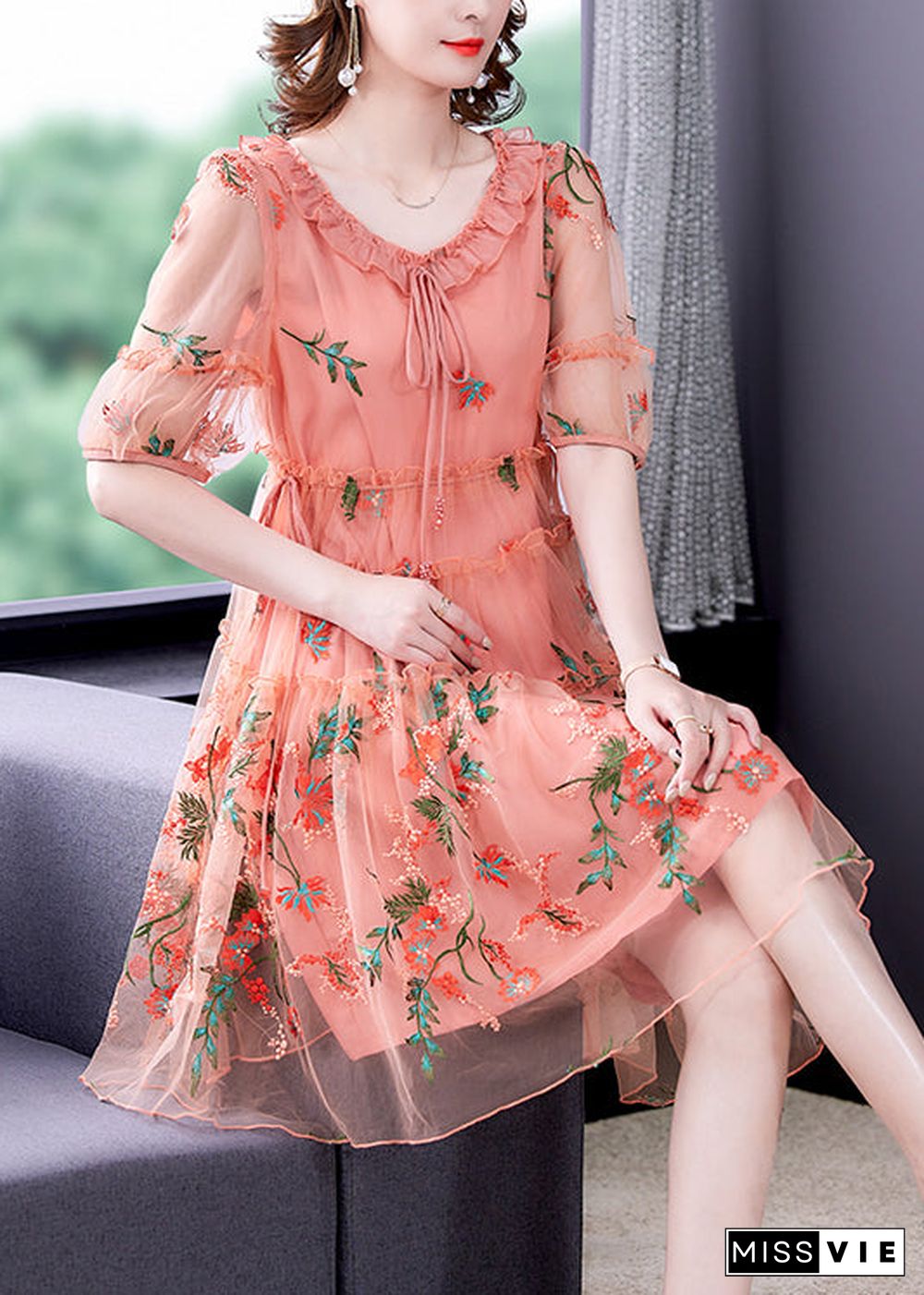 Pink Hollow Out Chiffon Holiday Dress Lace Up Embroideried Summer