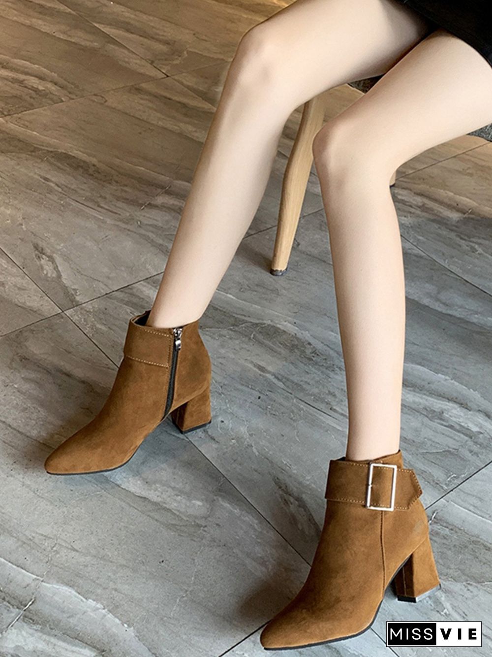 Chunky Heel Buckle Pointed-Toe Suede Martin Boots