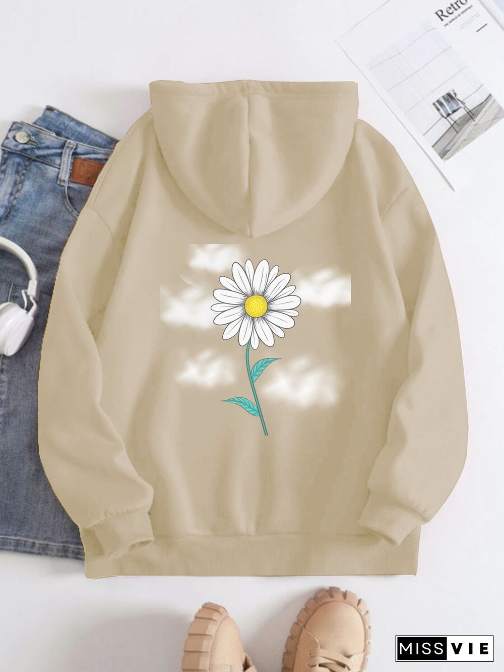 Printed on the Back Kangaroo Pocket Hoodie Long Sleeve for Women Pattern Flower