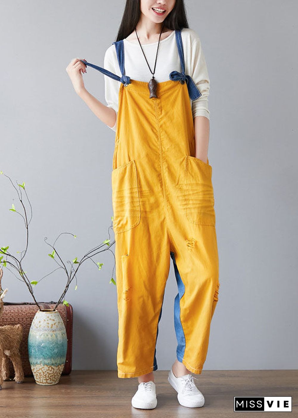 Fashion Yellow pockets Patchwork denim Jumpsuit Spring