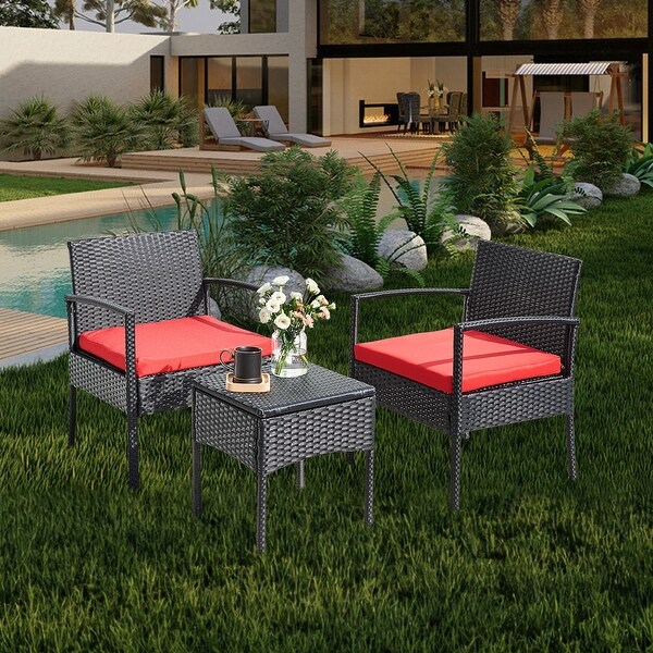 Outdoor Furniture 3 Piece Patio Bistro Furniture Set，Rattan Conversation Chairs Set with Side Table and Cushions