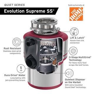 InSinkErator Evolution Supreme SS Lift  Latch Quiet 1 HP Continuous Feed Garbage Disposal w Power Cord  Dishwasher Connector Kit SUPREME SSLL WCDK WDWC-00