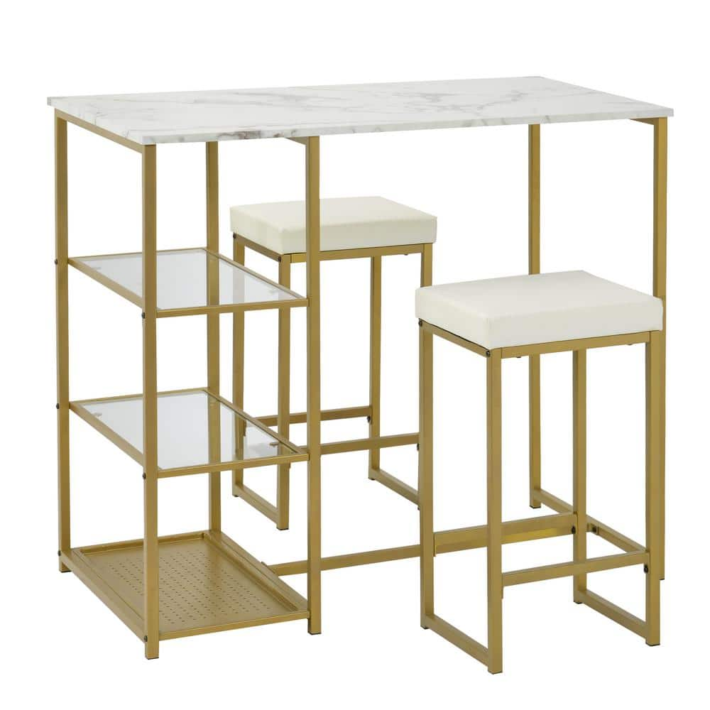 Harper & Bright Designs 36 in. Gold Modern Pub Set with PU Bar Stools (3-Piece) WF194723AAK