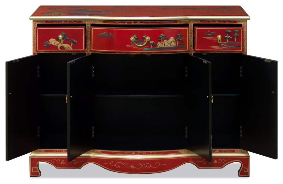 Red Lacquer Chinoiserie Scenery Motif Oriental Hall Cabinet   Asian   Accent Chests And Cabinets   by China Furniture and Arts  Houzz