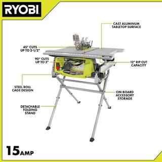 RYOBI 15 Amp 10 in. Compact Portable Corded Jobsite Table Saw with Folding Stand RTS12