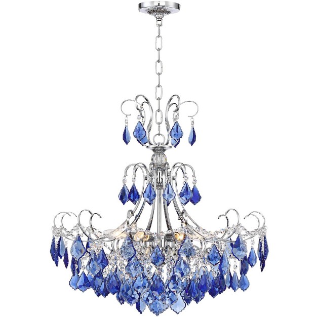 Wide French Blue Crystal 6 light Fixture For Dining Room House Foyer Kitchen Island Entryway Bedroom