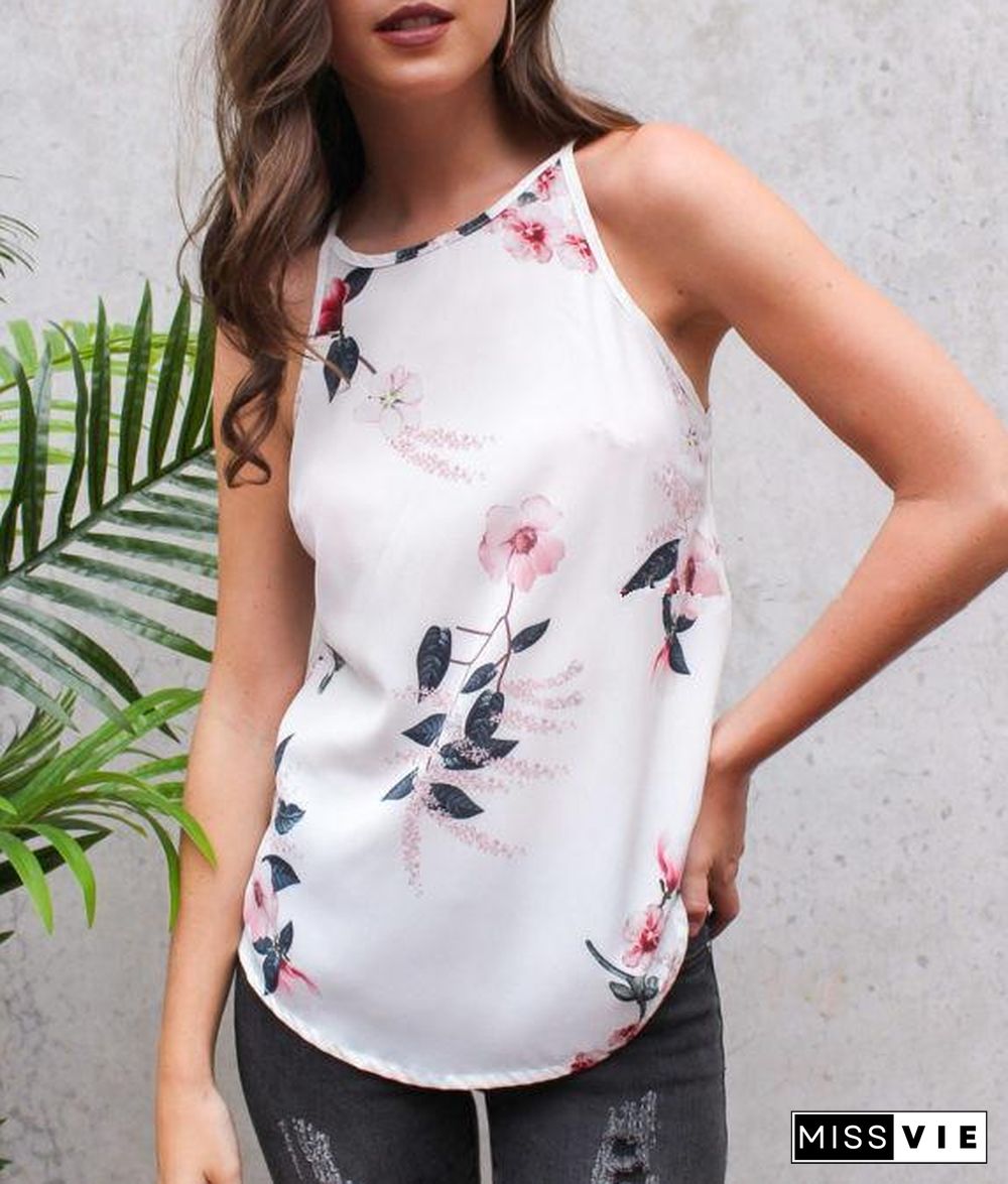 Navy Random Floral Print Round Neck Cami Tops