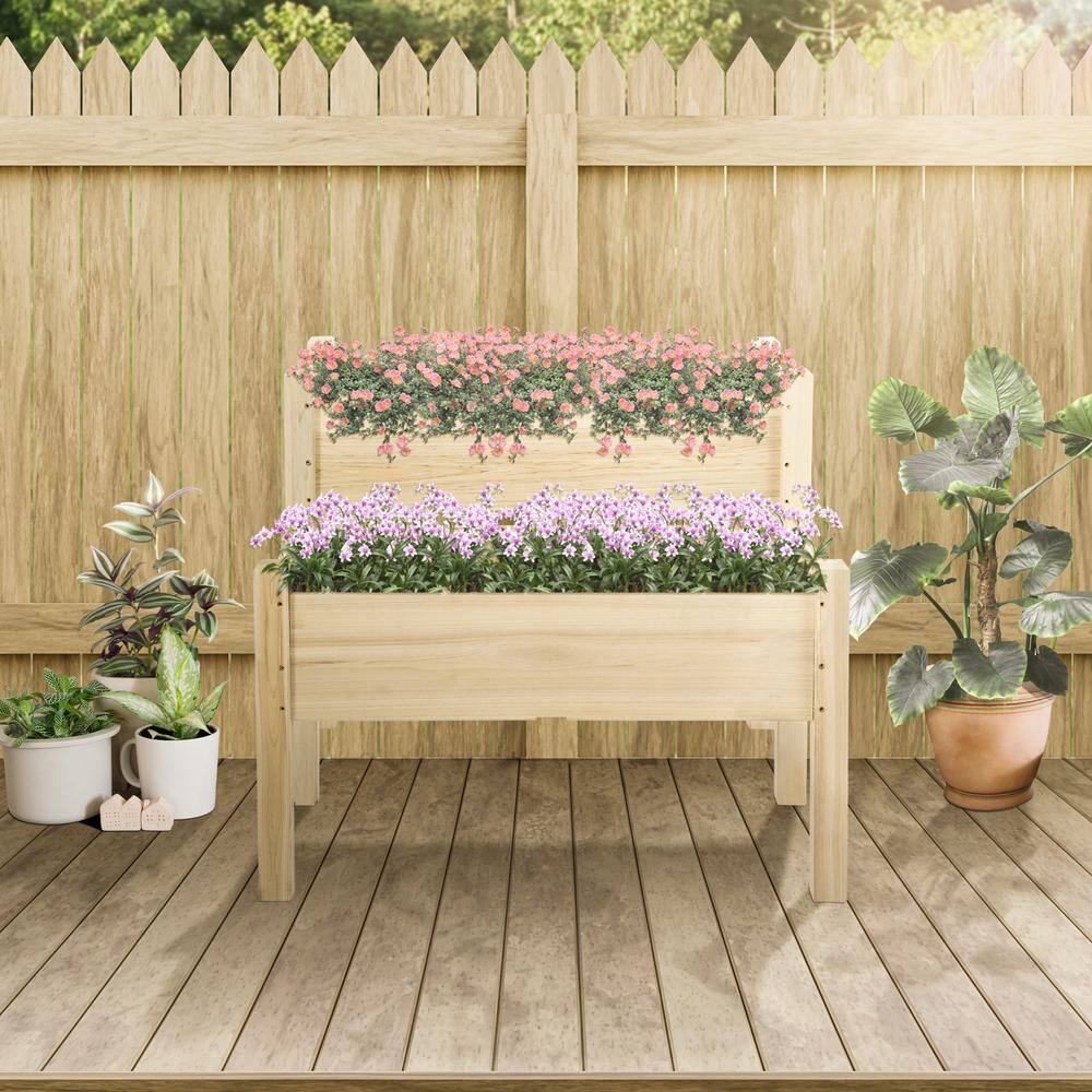 Outsunny 34 in. W x 34 in. D x 28 in. H Natural Wooden 2-Tier Raised Garden Bed 845-454