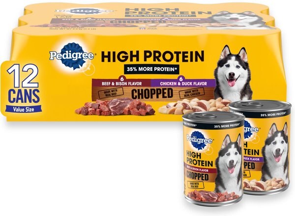 Pedigree High Protein Chopped Beef and Bison Flavor and Chopped Chicken and Duck Flavor Canned Soft Wet Dog Food Variety Pack， 13.2-oz. cans