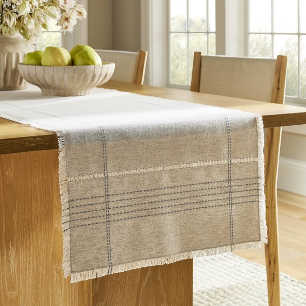 Natural Leno Weave Table Runner With Blue Accent Designed With Studio Mcgee