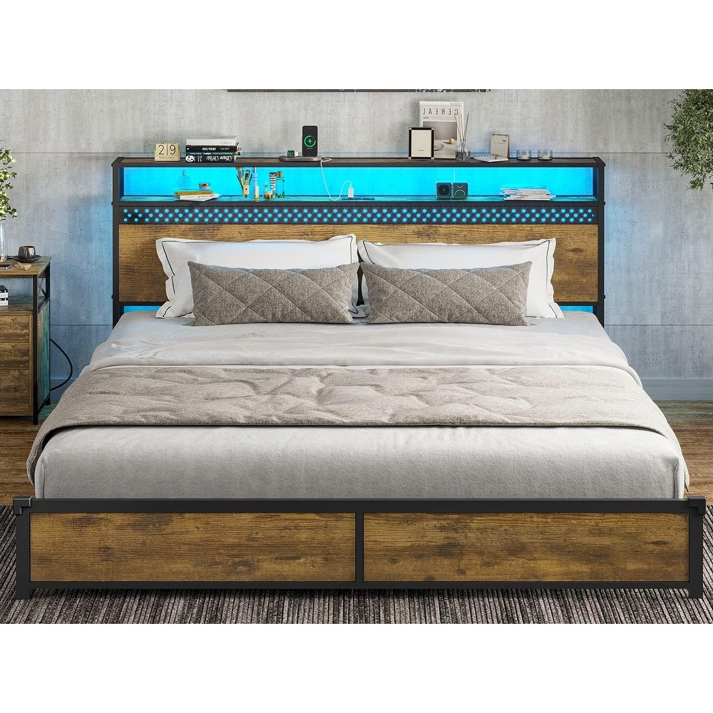 LED King Bed Frame with USB Ports   Outlets Storage Headboard