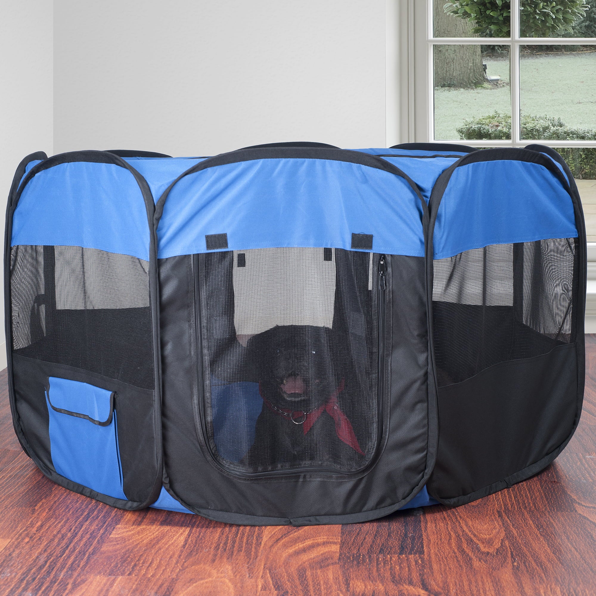 Pet Playpen - 42x25 Pop-Up Dog Kennel with Carry Bag - Portable Play Pen for Dogs， Cats， Rabbits， and Small Animals by PETMAKER (Blue)