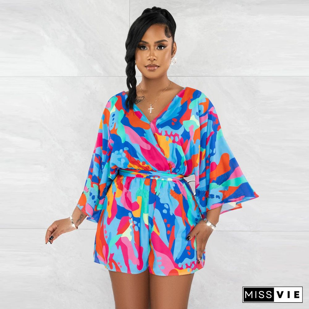 New V-neck Sexy Backless Printed Shorts Jumpsuit