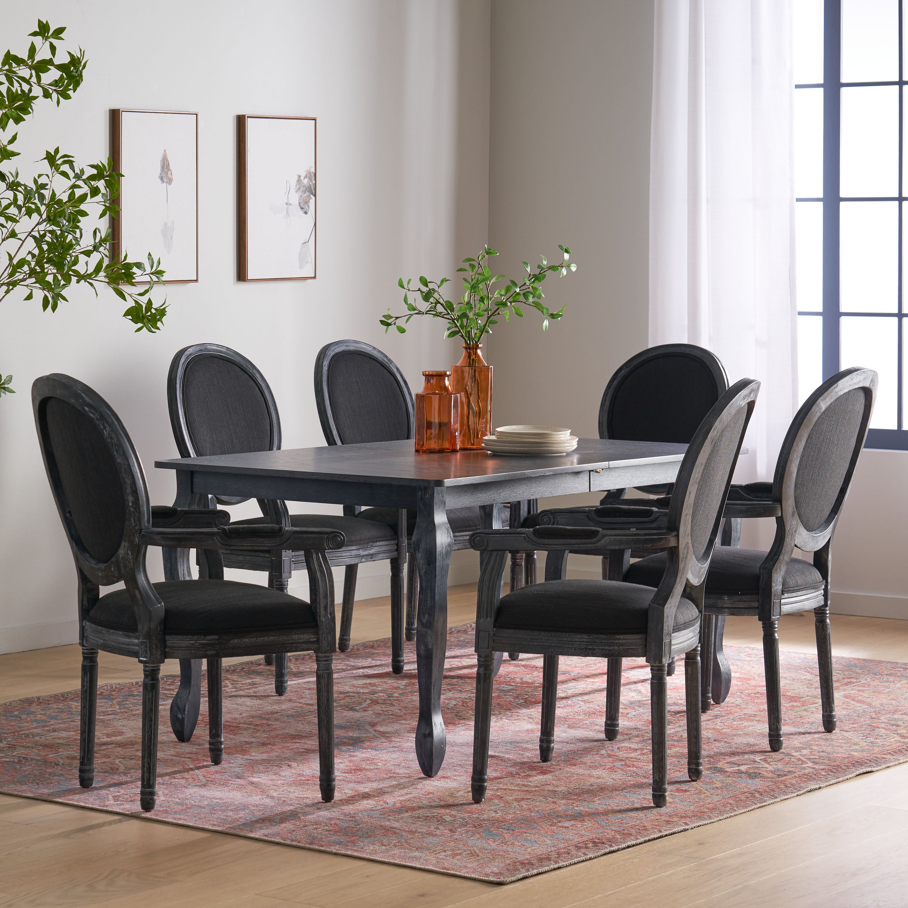 Comisky French Country Fabric Upholstered Wood Expandable 7 Piece Dining Set