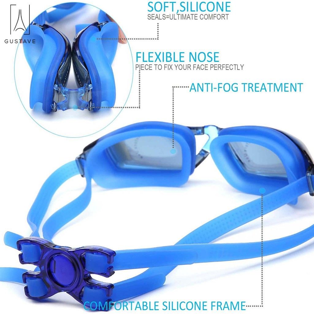 Gustavedesign Swimming Goggles and Cap, Silicone Swimming Bubble Cap Anti-slip + Anti-fog Swim Goggle Swimming Glasses Set for Adults Men Women Youth, Blue