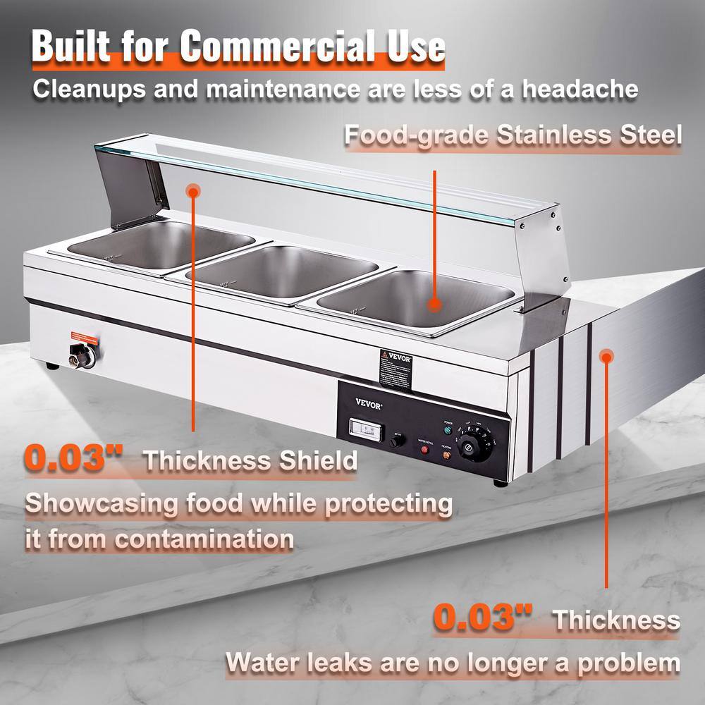 VEVOR 3-Pan Commercial Food Warmer 3 x 12 qt. Electric Steam Table 1500-Watts Countertop Stainless Steel Buffet Bain Marie BL312QT1500W3CLFRV1