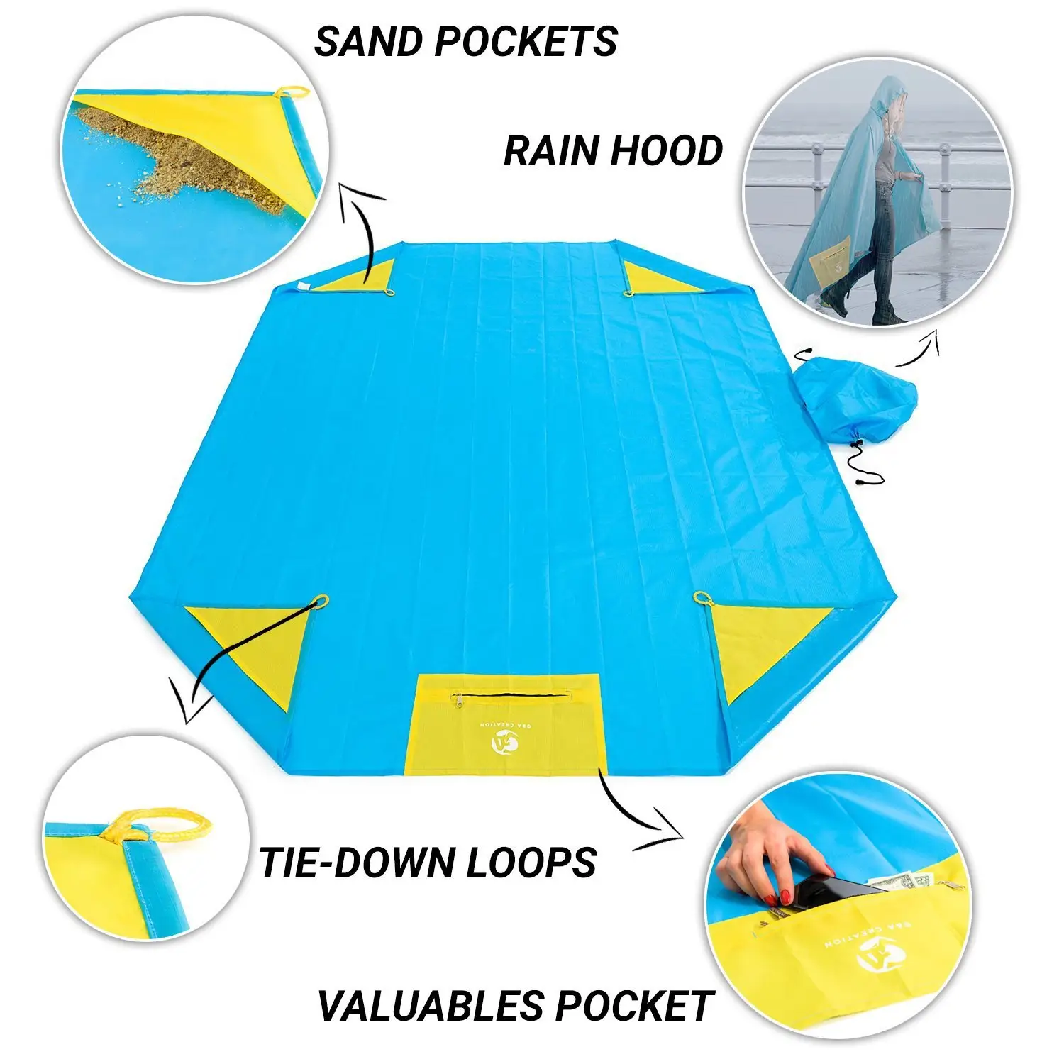 Custom Outdoor Portable Lightweight Waterproof Sand Free Beach Pocket Blanket Folding Sand proof Beach Mat For Camping Hiking