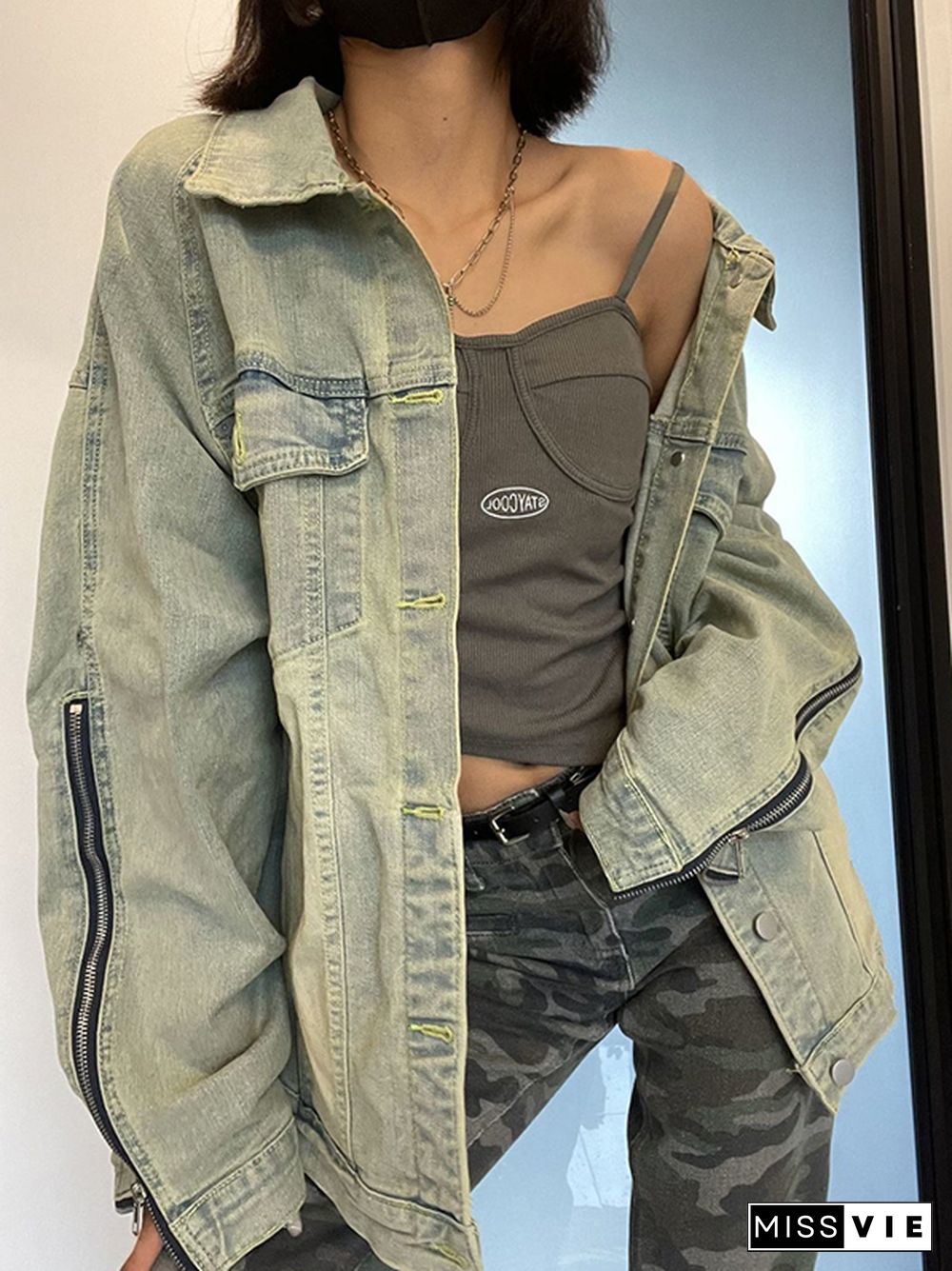 Distressed Washed Green Zip Up Jacket