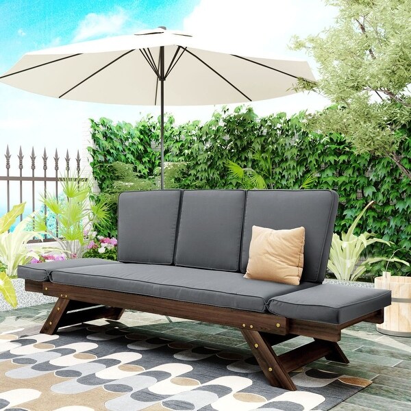 Outdoor Adjustable Patio Wooden Daybed Sofa Chaise Lounge with Cushions for Small Places