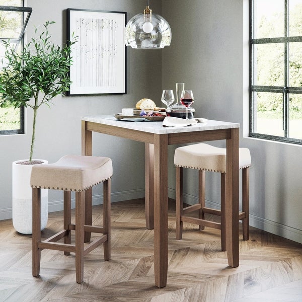 3-Piece Dining Set， Kitchen Pub Table， with White Marble Table Top， Light Brown Wood Base， Light Beige Fabric Seat