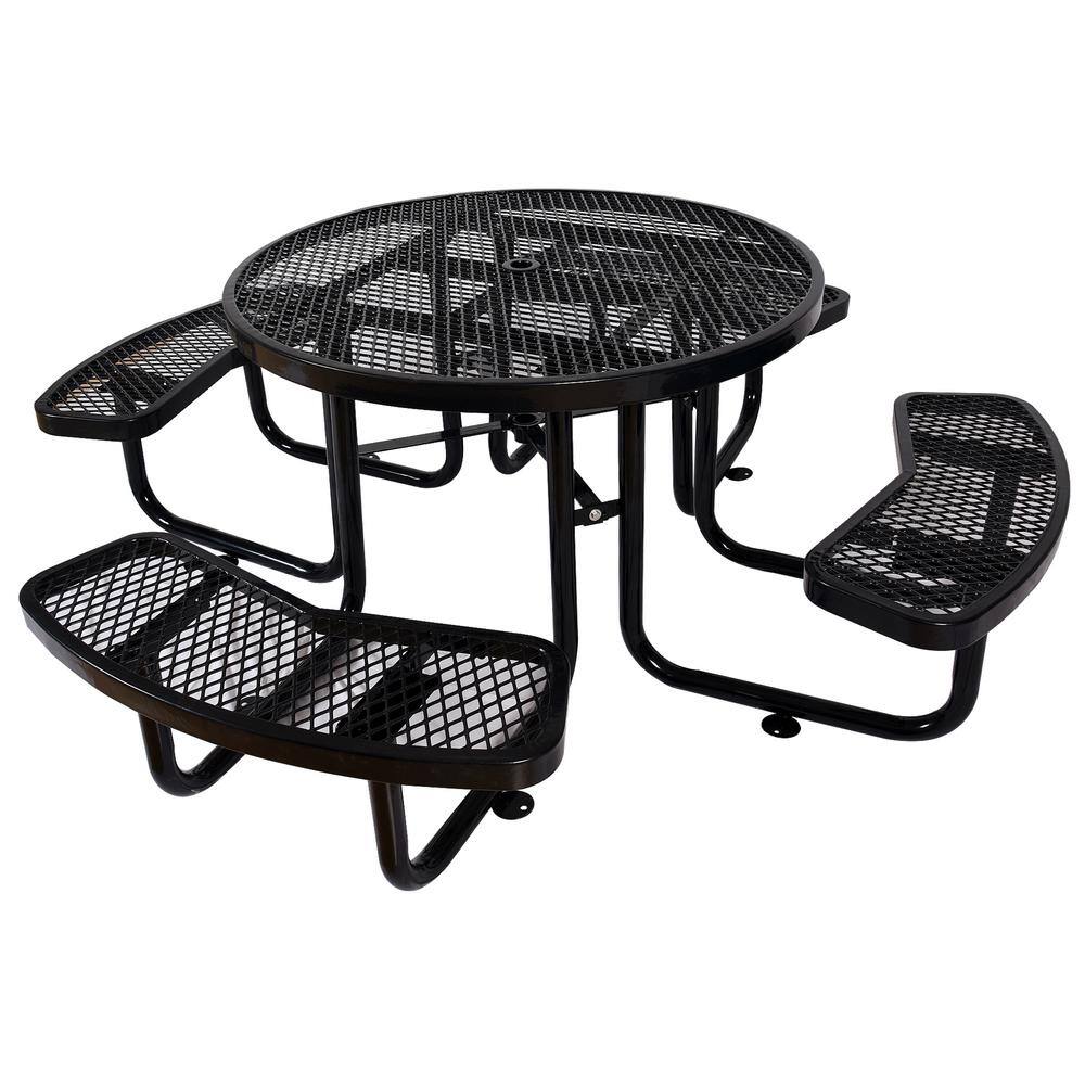 Afoxsos Black Round Outdoor Steel Picnic Table Dining Table 46 in. with Umbrella Pole DJMX998