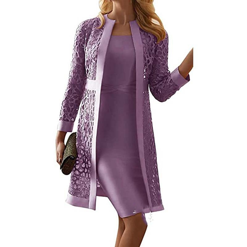 Women's Lace Dress Dress Set Purple Pink Yellow Light Blue Gray Long Sleeve Pure Color Lace Hollow Out Winter Fall Crew Neck Elegant Party Fall Dress 2022 S M L XL XXL 3XL 4XL 5XL / Winter Dress