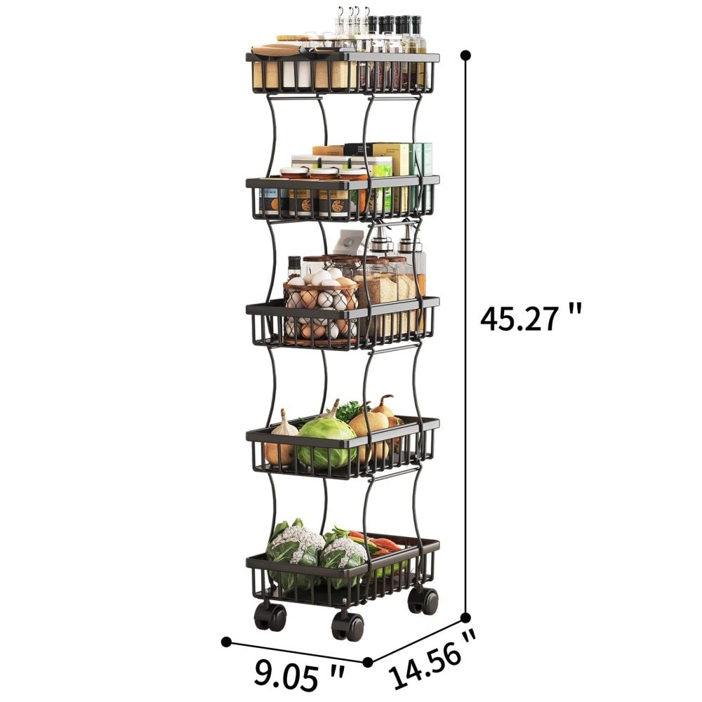 5 Tier Wire Basket Bins Storage Cart with Wheels for Kitchen