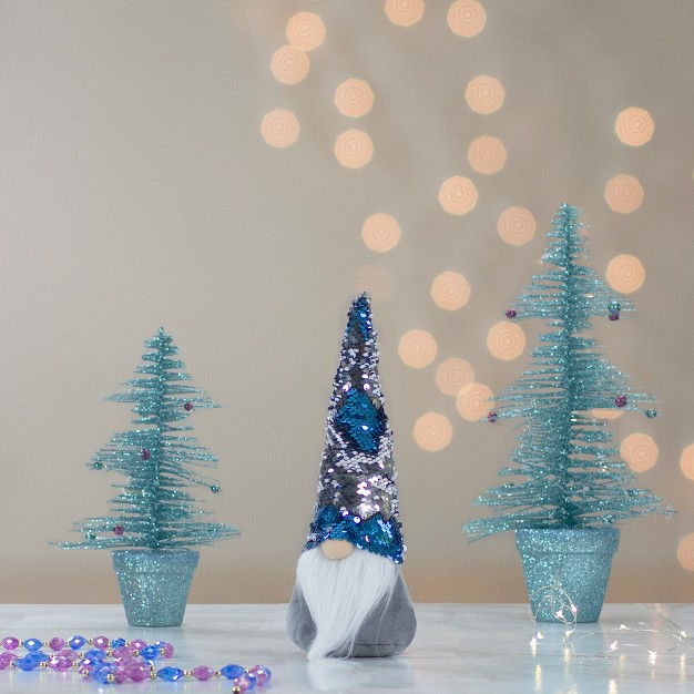 Gray Standing Christmas Gnome Decoration With Blue Flip Sequin Hat