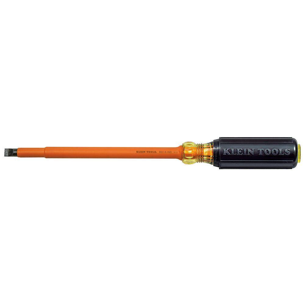 Klein Tools 38 in. Insulated Cabinet-Tip Flat Head Screwdriver with 8 in. Round Shank- Cushion Grip Handle 602-8-INS