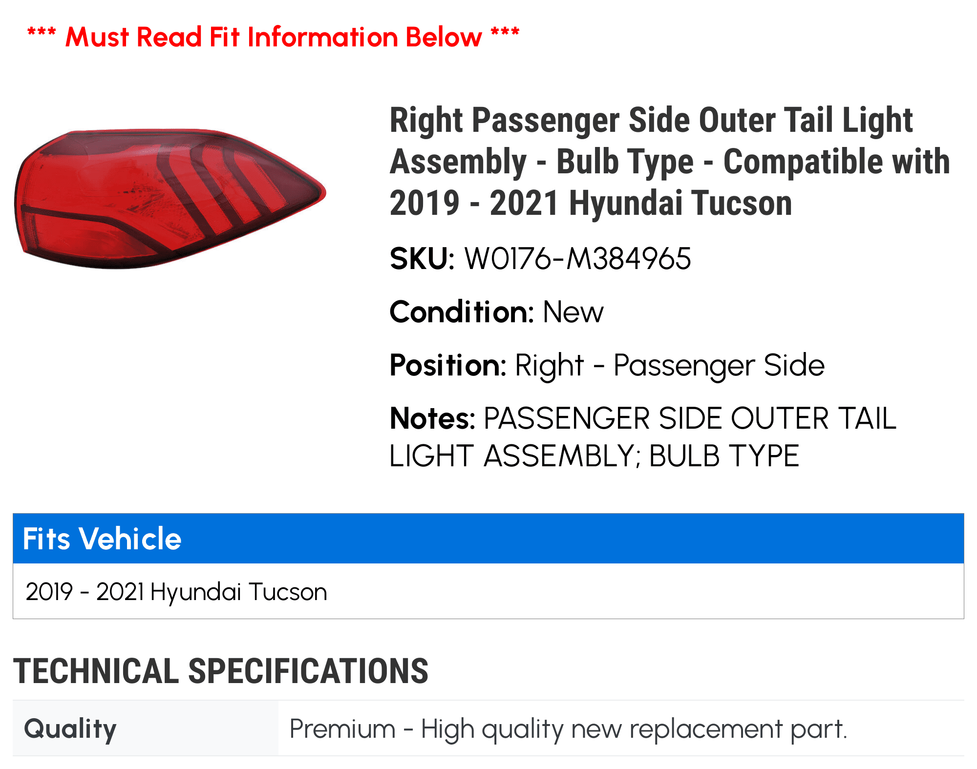 Right Passenger Side Outer Tail Light Assembly - Bulb Type - Compatible with 2019 - 2021 Hyundai Tucson 2020