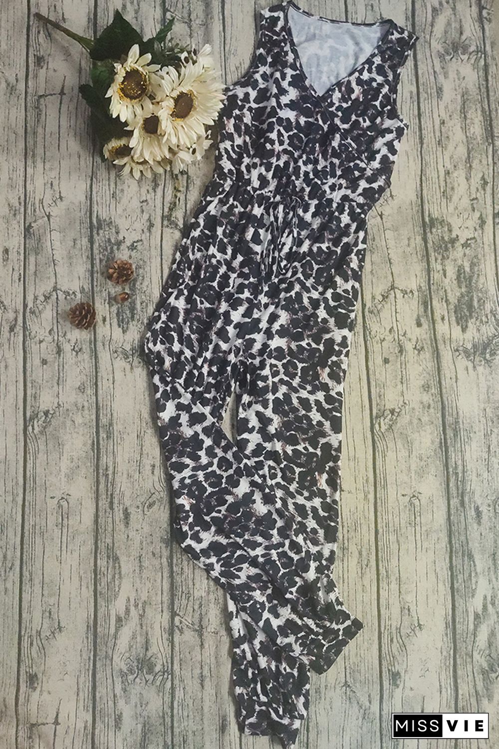 Leopard Floral Print Drawstring V-neck Sleeveless Jumpsuit