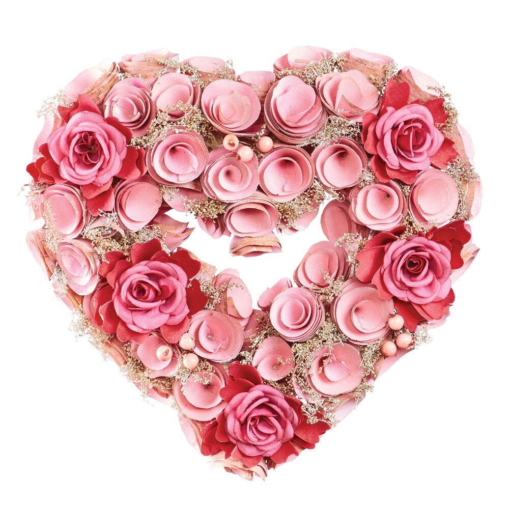 Wooden Pink and Red Roses Heart Shaped Wreath