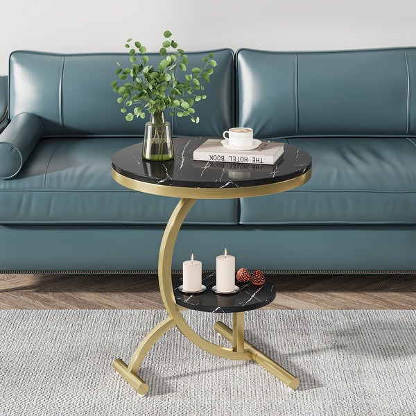 2-Tier Round Sofa Side Table， Faux Marble End Table， 20'' Beside Table with Storage Shelf，C-Shaped Base Metal Legs