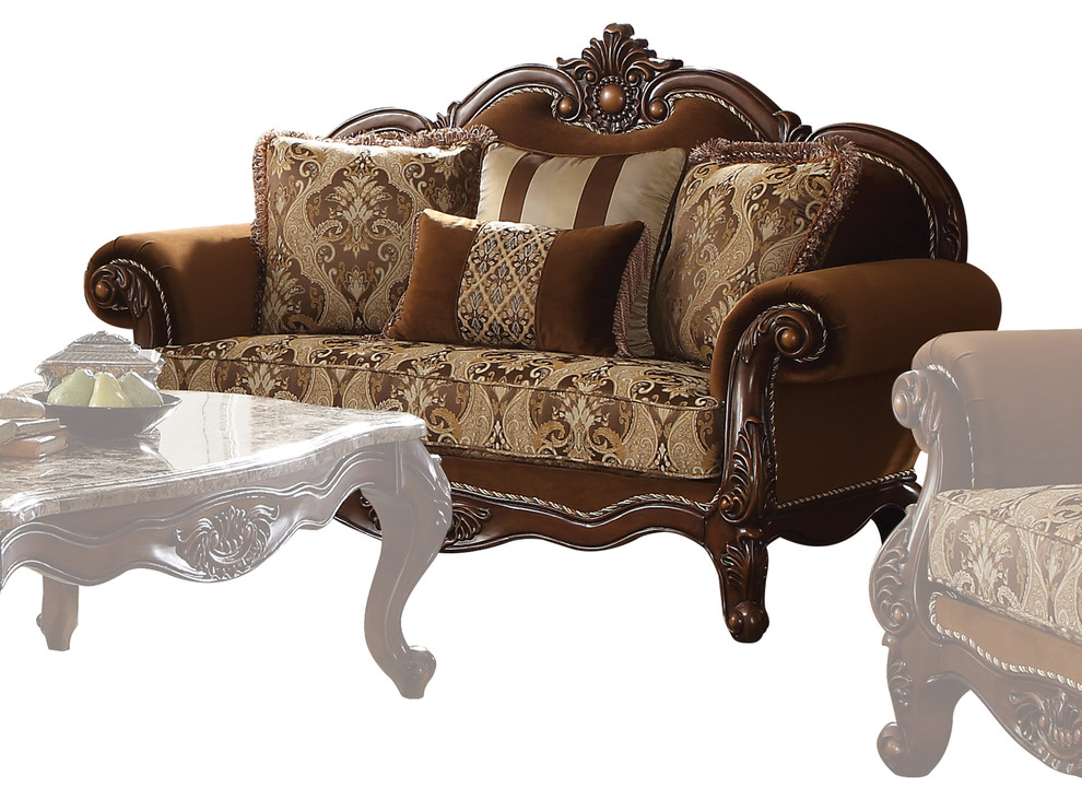 ACME Jardena Loveseat with 4 Pillows  Fabric and Cherry Oak   Victorian   Loveseats   by Acme Furniture  Houzz