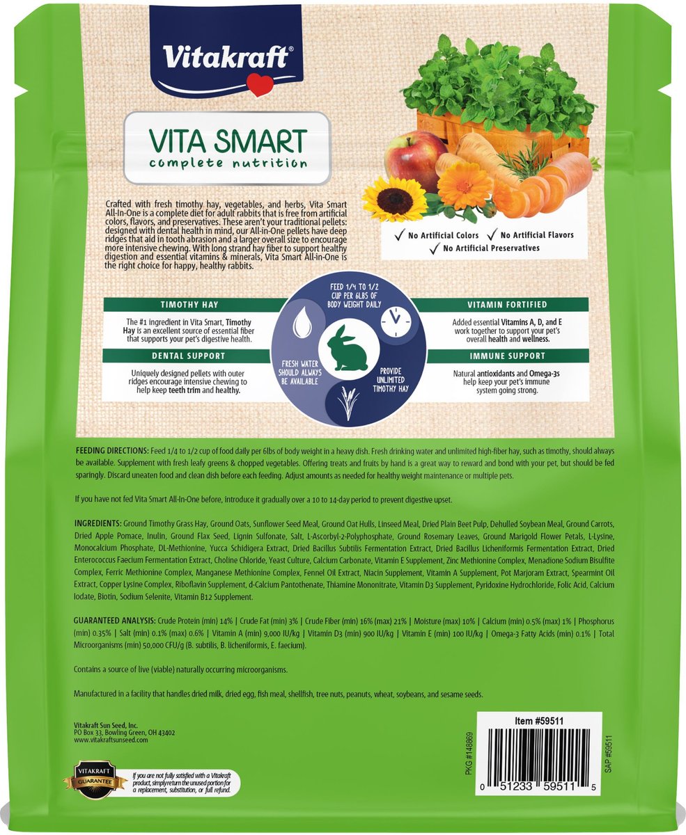 Vitakraft Vita Smart All-In-One Timothy Hay Adult Rabbit Food， 4-lb bag