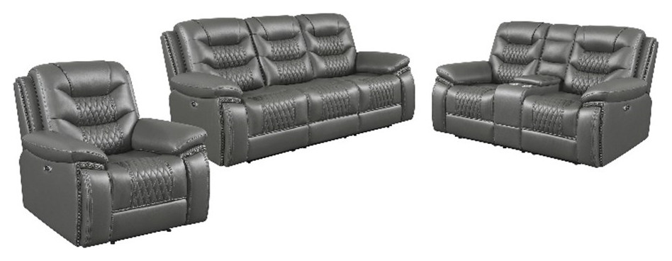 Coaster 3 Piece Tufted Upholstered Faux Leather Power Sofa Set in Charcoal   Contemporary   Living Room Furniture Sets   by Homesquare  Houzz